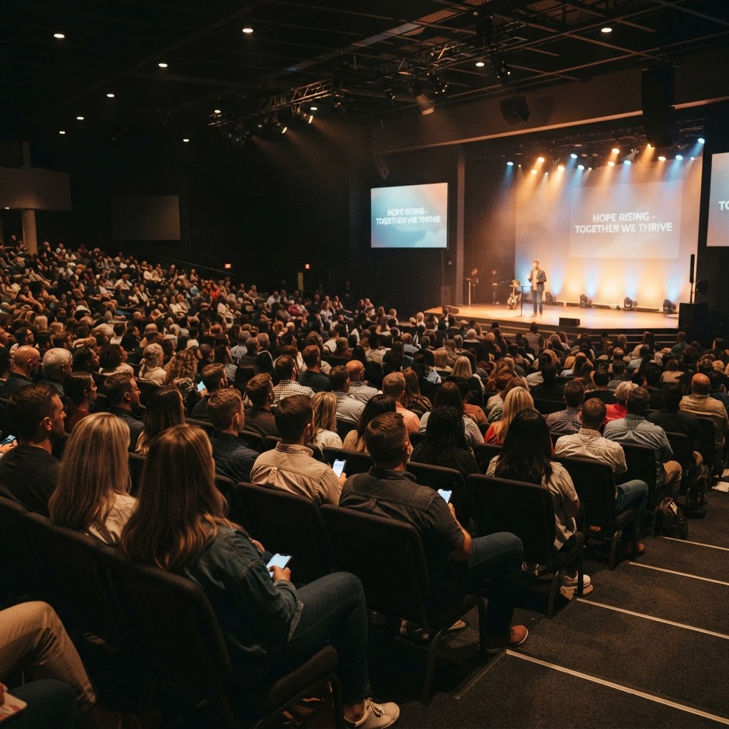 A congregation gathered together facing a bright stage