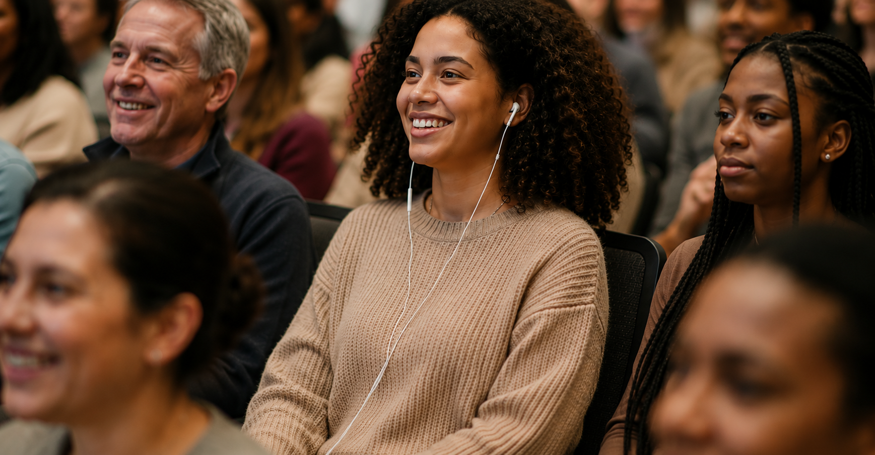 A smiling woman listening among a diverse audience