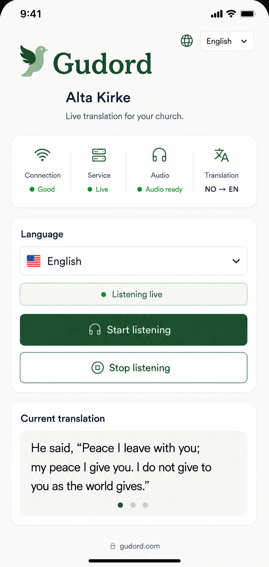 Gudord app screen showing live translation for Alta Kirke with connection status, language selection, and the current translation